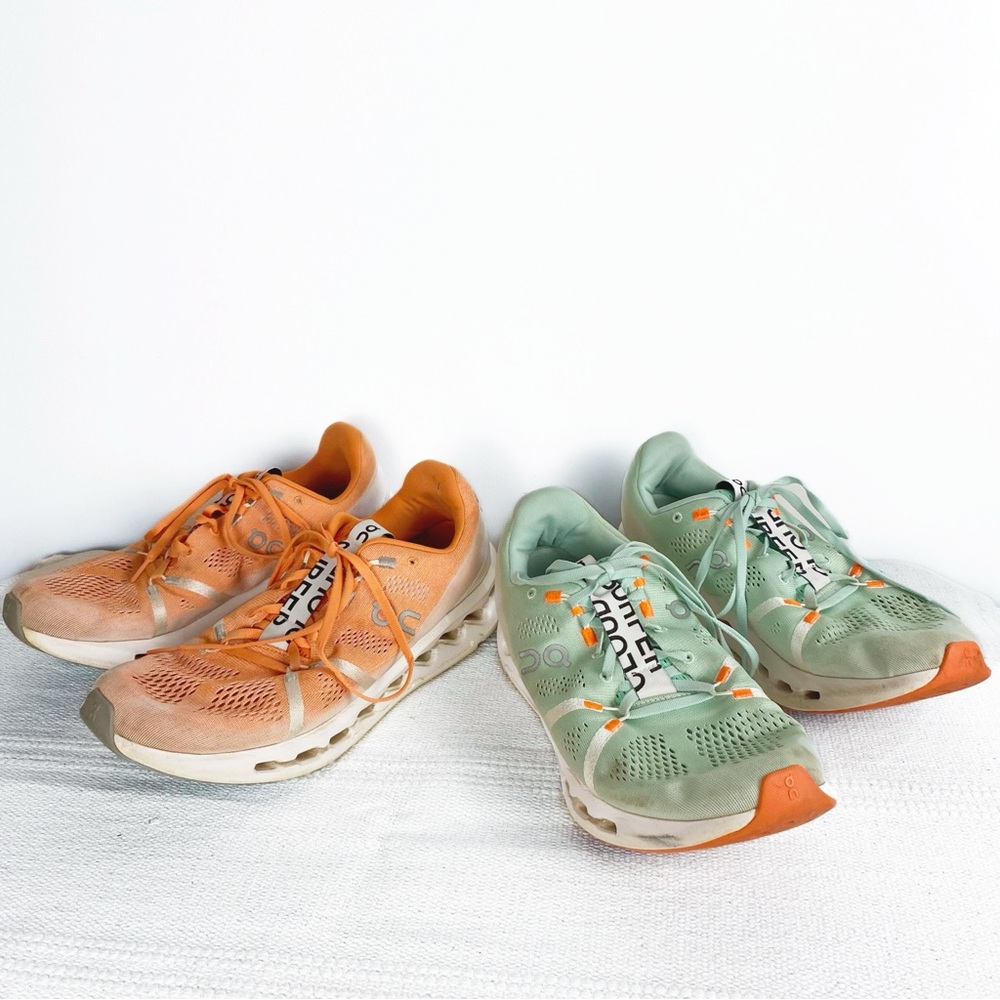 On Running Cloudsurfer Athletic Shoes in Orange and Green 2 pairs